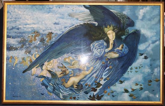 S. Huxley (20th C.) Cherubs and the North Wind, 30 x 48.5in.